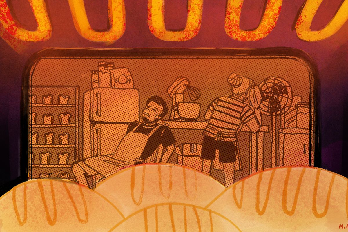 Bread bakes in a red-hot oven. Through the oven door we see bakers sweating in the heat. Illustration.