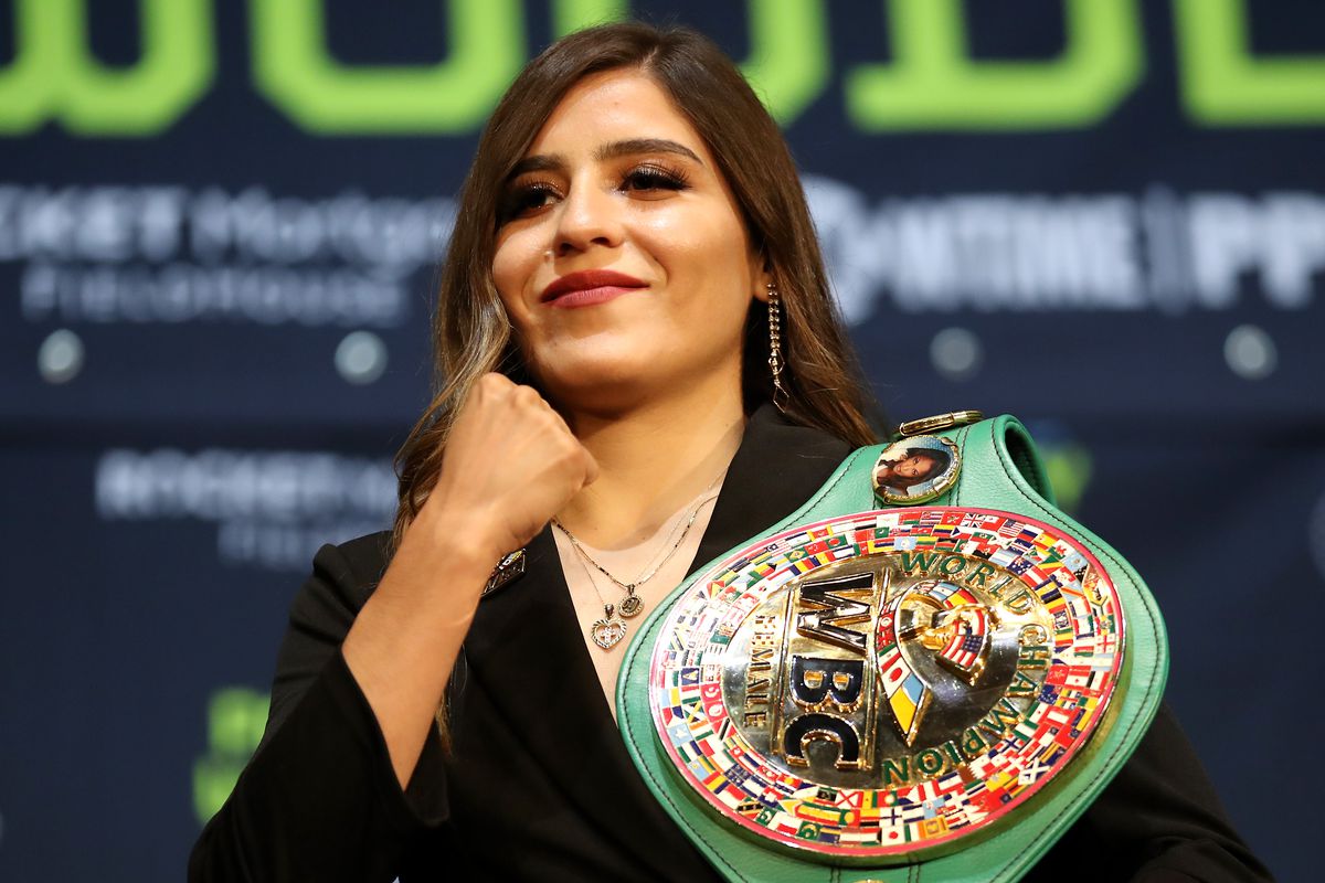 &nbsp;Yamileth Mercado poses for media with her belts during a press conference before her fight against Amanda Serrano at The Novo by Microsoft at L.A. Live on July 13, 2021 in Los Angeles, California.