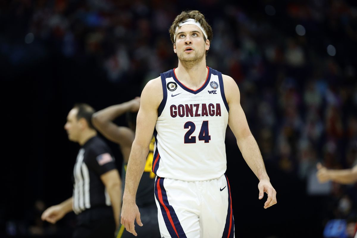 Corey Kispert of the Gonzaga Bulldogs looks on during the National Championship game of the 2021 NCAA Men’s Basketball Tournament against the Baylor Bears at Lucas Oil Stadium on April 05, 2021 in Indianapolis, Indiana.