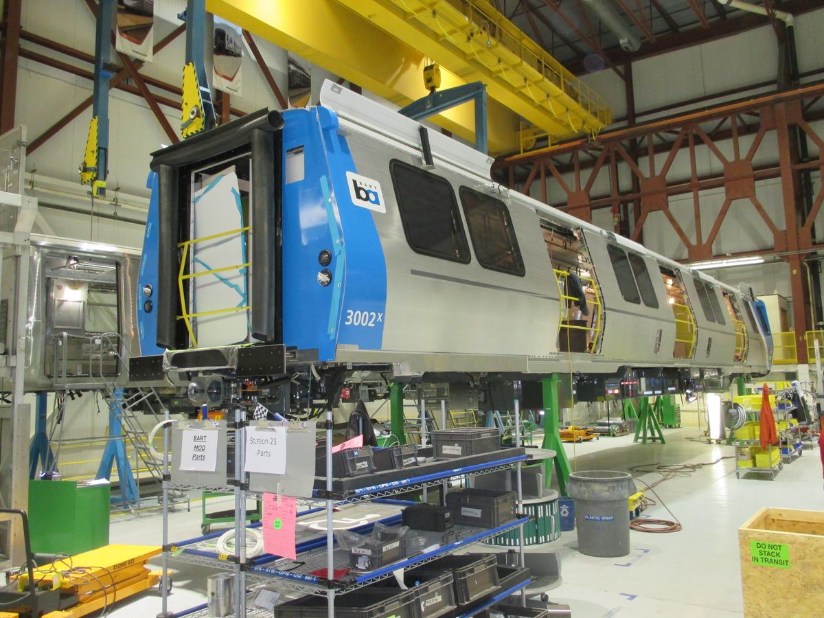 A new train car under construction at the factory.