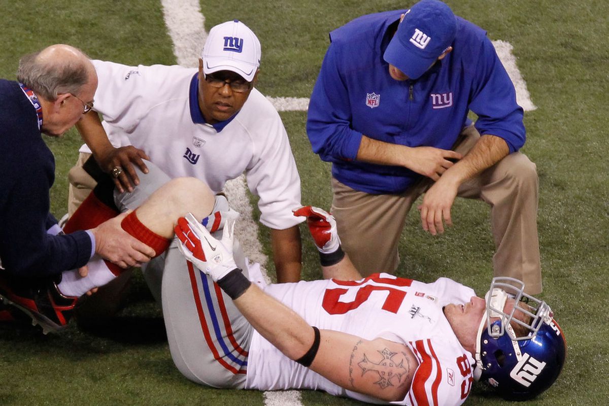 Jake Ballard of the New York Giants suffered a torn left ACL in Sunday's Super Bowl.  (Photo by Gregory Shamus/Getty Images)
