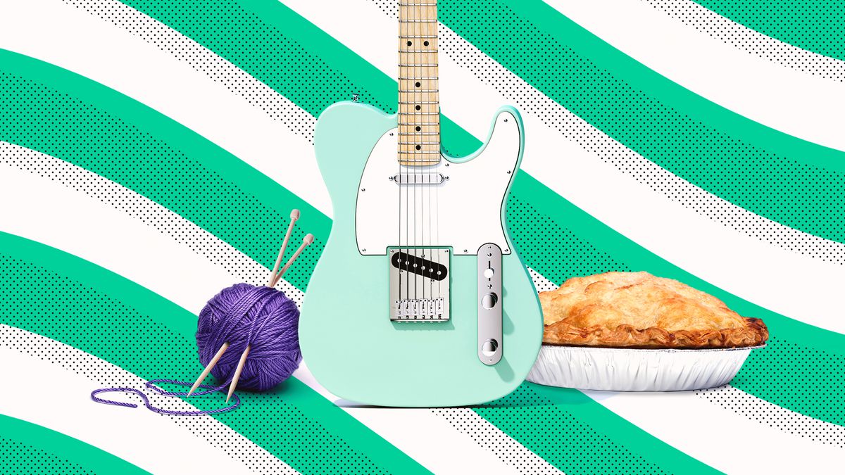 A guitar, pie, and yarn as examples of hobbies.