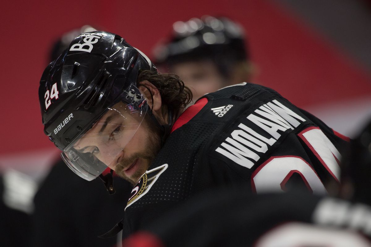 Ottawa Senators defenseman Christian Wolanin (24) warms up prior to the start of game against the Calgary Flames at the Canadian Tire Centre. Mandatory Credit: Marc DesRosiers