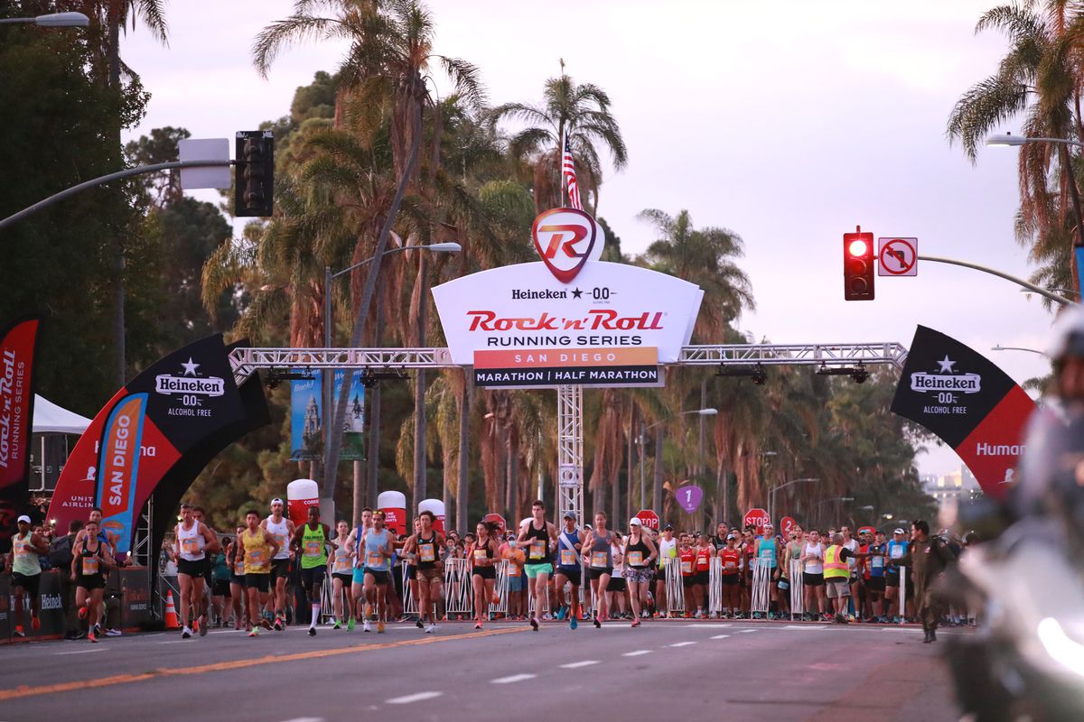 A general view of the starting line as the first wave of runners start their marathon during the Rock ‘n’ Roll Running Series San Diego on October 24, 2021 in San Diego, California.
