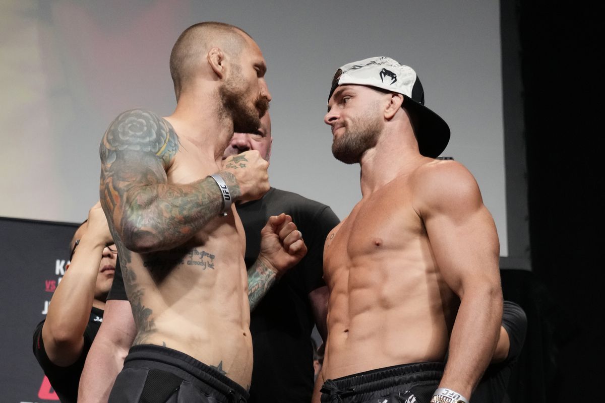 Eddie Wineland and Cody Stamann face off during the UFC Fight Night ceremonial weigh-in at Moody Center on June 17, 2022 in Austin, Texas.