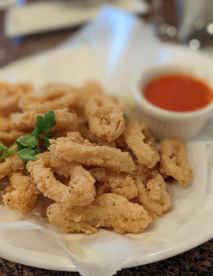 Rings of calamari with red sauce on the side.