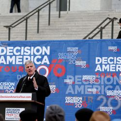 Evangelist Franklin Graham speaks to the crowd at the Decision America Tour at the Capitol in Salt Lake City on Tuesday, March 29, 2016. The focus of the prayer rally — which is traveling to all 50 states — is to challenge Christians to pray for the United States and its leaders, and to live and promote biblical principles at home, in public and at the ballot box.