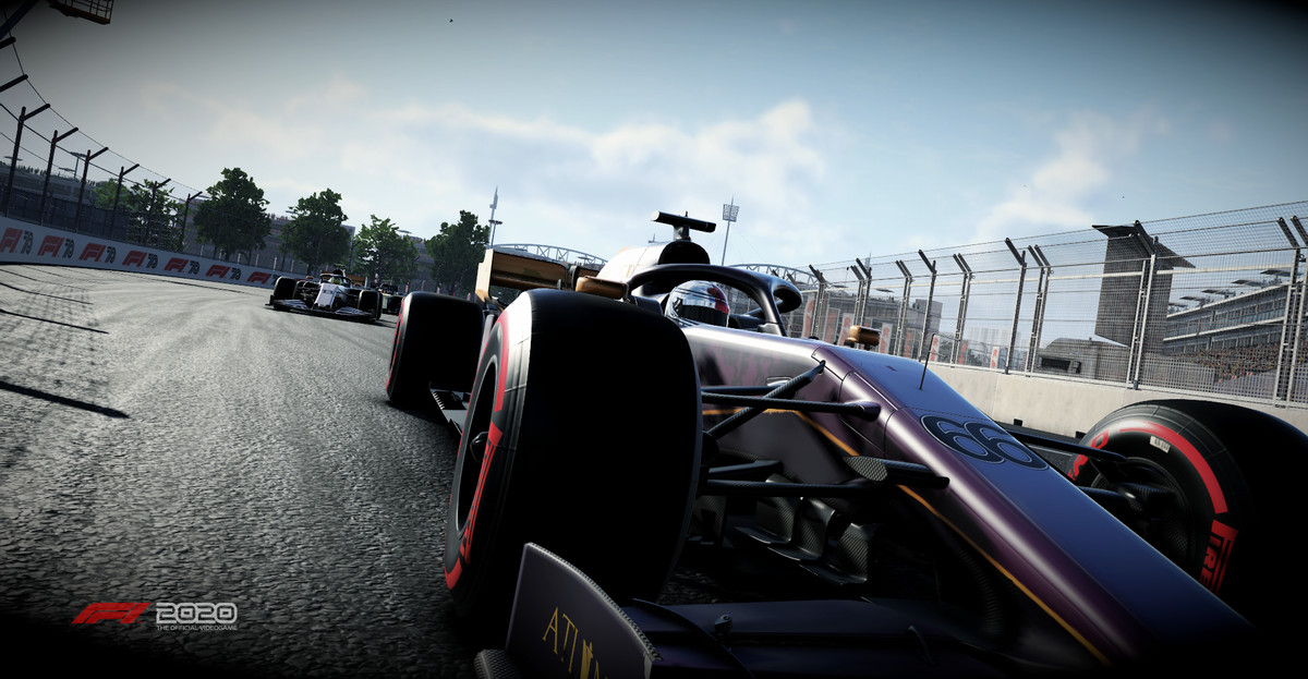 beauty shot of a Formula One car racing into the corner of the frame at an angle in F1 2020