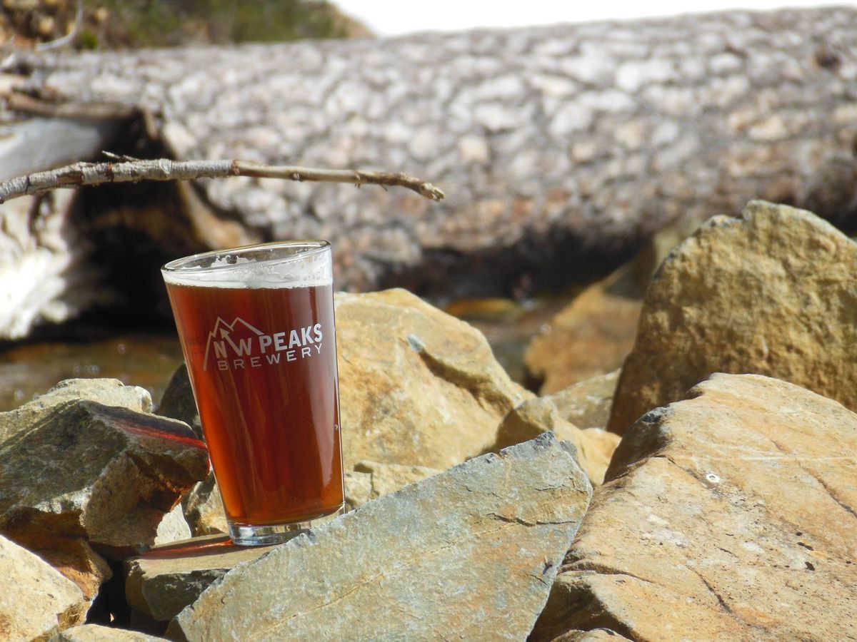A view of a pint glass showing the NW Peaks logo, sitting on a rock cropping outside.