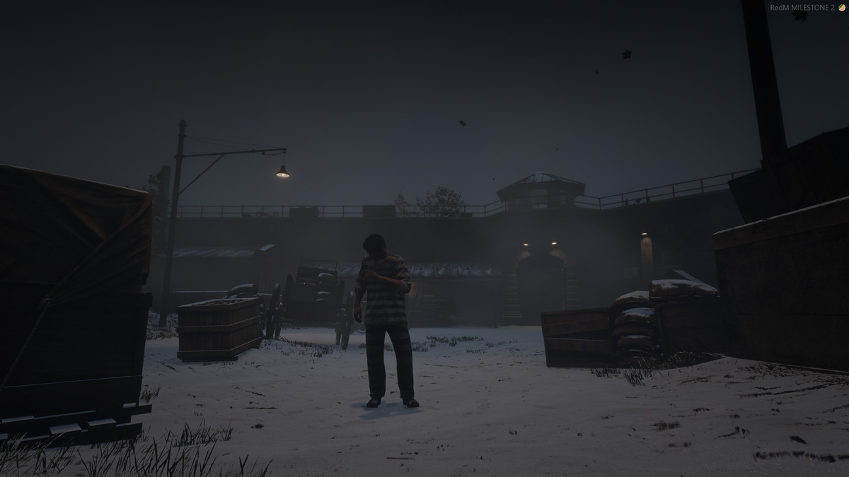 Red Dead Online - a prisoner in a striped uniform stands in the Sisika grounds. It’s snowing, and he appears ocld.