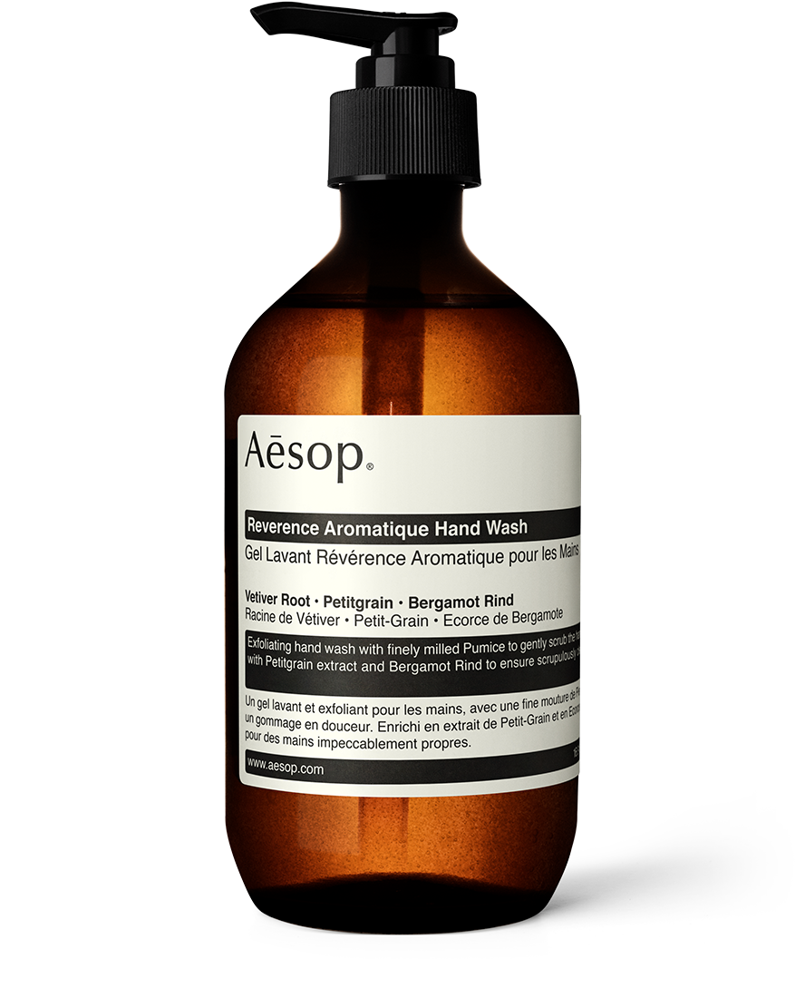 A container of Aesop Reverence Aromatique Hand Wash