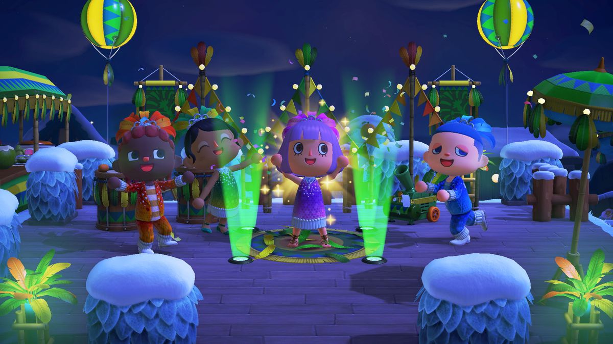 Four villagers dance in lights wearing Festivale costumes in Animal Crossing: New Horizons