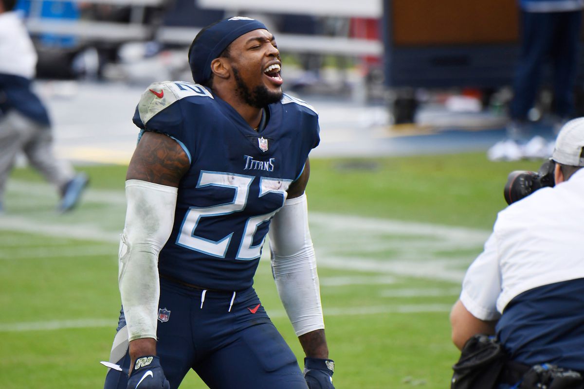 Tennessee Titans running back Derrick Henry (22) celebrates the 42-36 overtime win over the Houston Texans at Nissan Stadium Sunday, Oct. 18, 2020