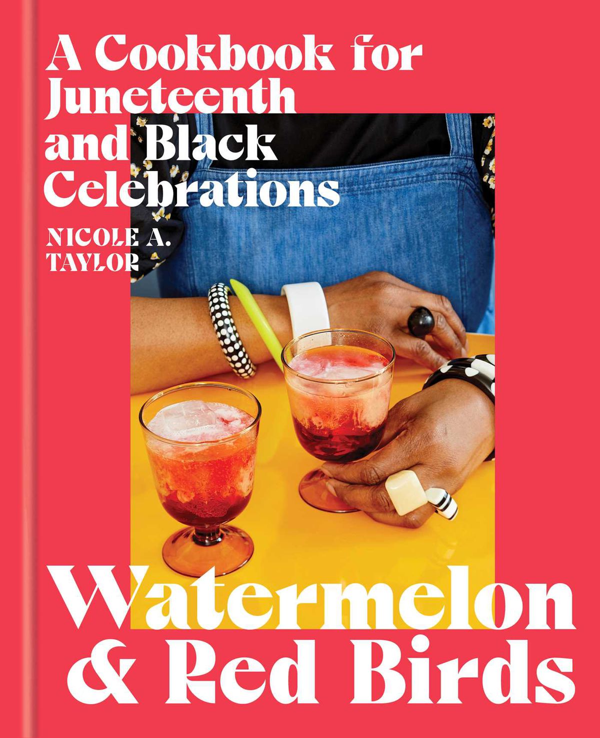 A red book cover with two red drinks, one held by a person clad in a denim top and bold jewelry.