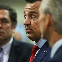 House Speaker Greg Hughes, R-Draper, center, is joined by Minority Leader Rep. Brian King, D-Salt Lake City, left, and Senate President Wayne Niederhauser, R-Sandy, right, as they talk with members of the media at the Capitol in Salt Lake City on Tuesday, June 20, 2017. Lawmakers met to discuss the special election to replace Rep. Jason Chaffetz.