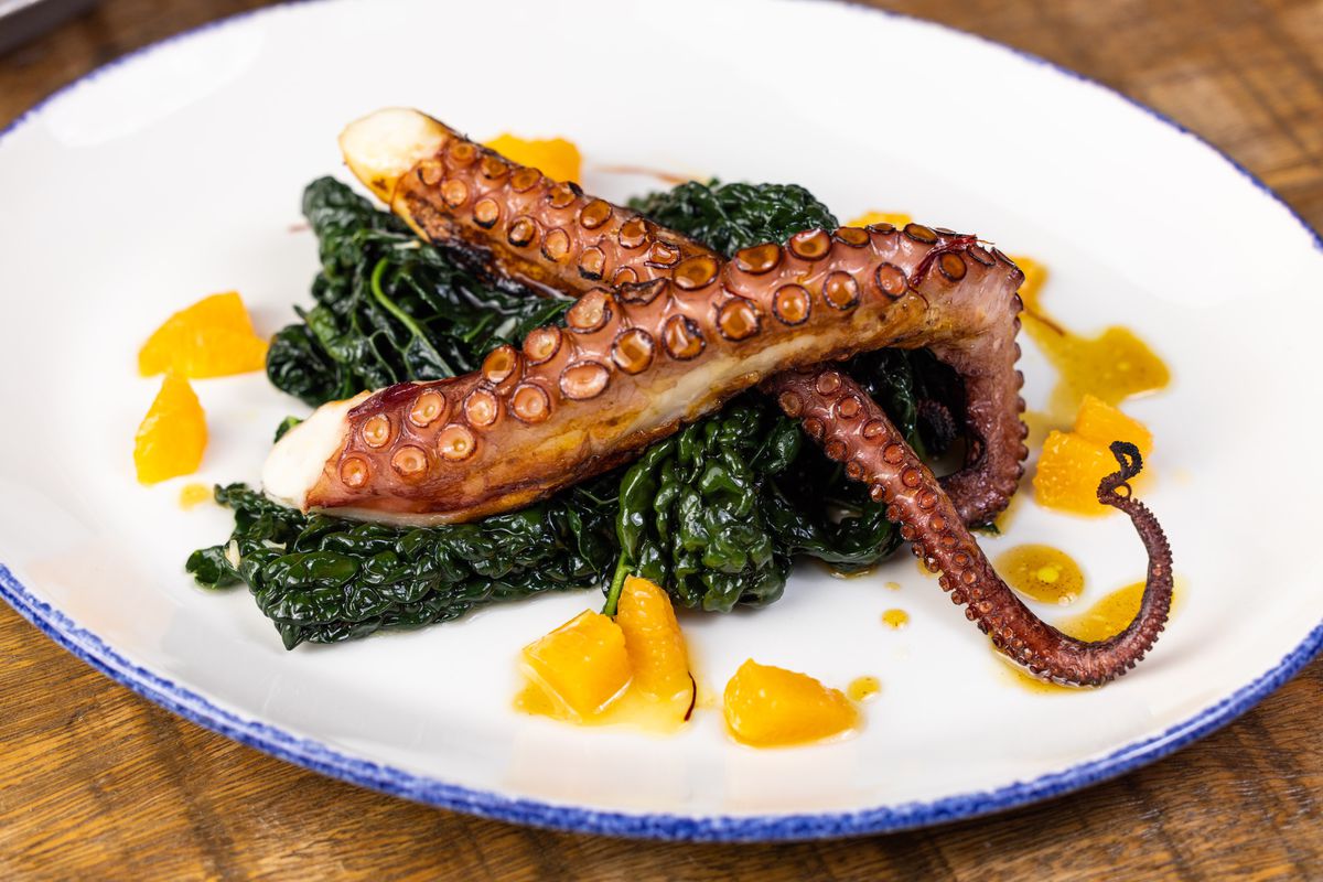 Grilled octopus, black cabbage, smoked orange, and a saffron dressing at Hearts &amp; Flame restaurant in Los Angeles, California.