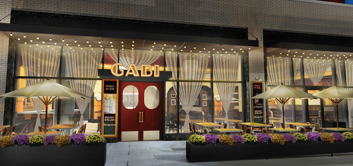 rendering of restaurant exterior with sidewalk tables and a sign that says gabi