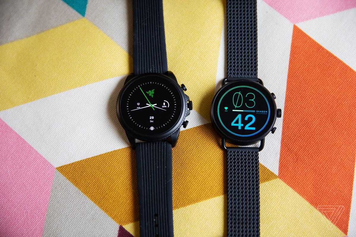 The Razer X Fossil Gen 6 and Skagen Falster Gen 6 side by side on a colorful background.