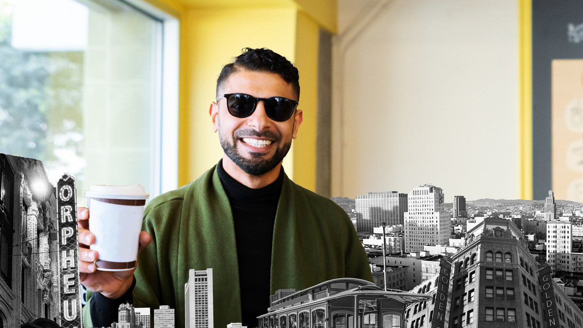 Mokhtar Alkahnshali with a cityscape around him and a cup of coffee.