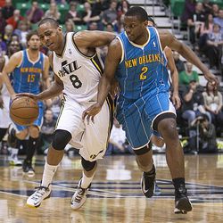 Utah's Randy Foye battle to bring the ball up court with New Orleans' Darius Miller on him as the Utah Jazz and the New Orleans Hornets play Friday, April 5, 2013 at EnergySolutions Arena in Salt Lake City. Utah won 95-83.