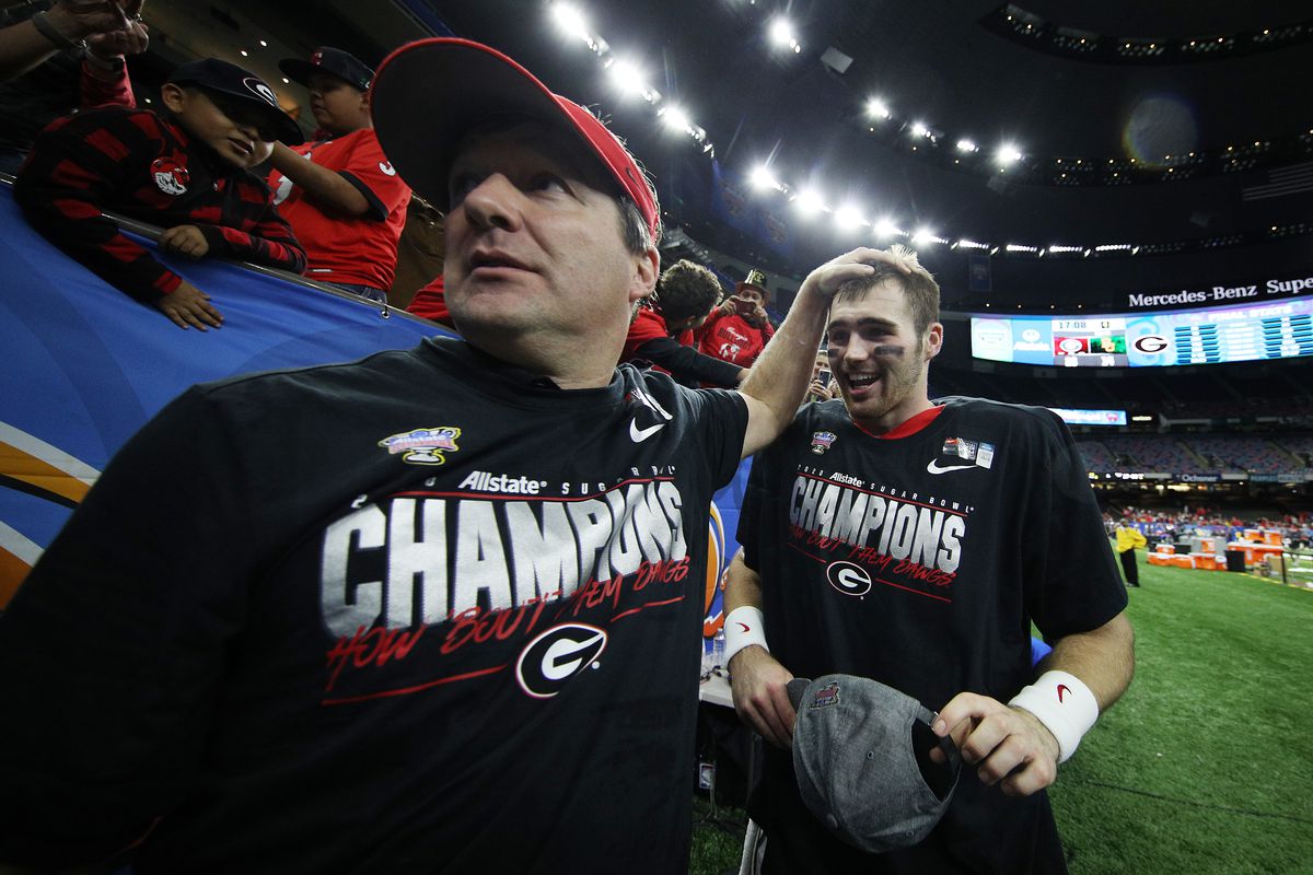 Head coach Kirby Smart of the Georgia Bulldogs celebrates with Jake Fromm of the Georgia Bulldogs after defeating the Baylor Bears 26-14 during the Allstate Sugar Bowl at Mercedes Benz Superdome on January 01, 2020 in New Orleans, Louisiana.
