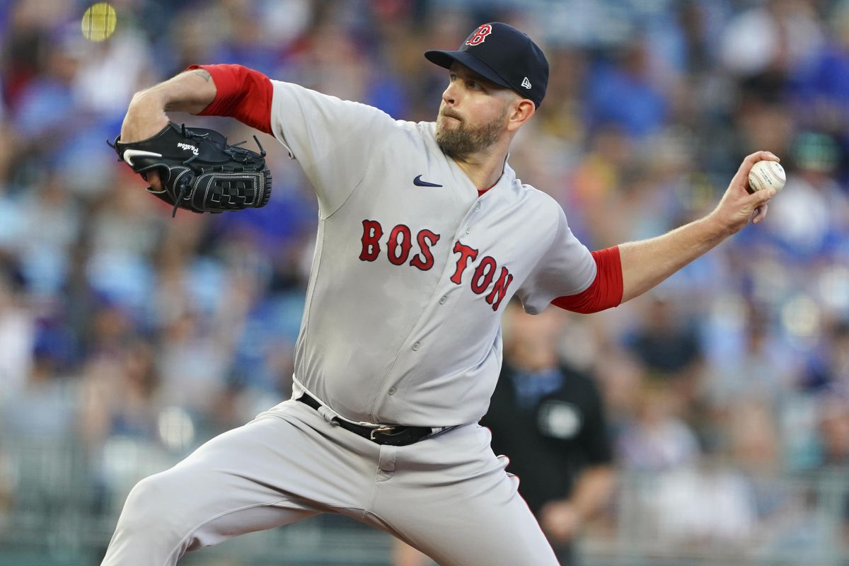 James Paxton of the Boston Red Sox pitches against the Kansas City Royals during the first inning at Kauffman Stadium on September 1, 2023 in Kansas City, Missouri.