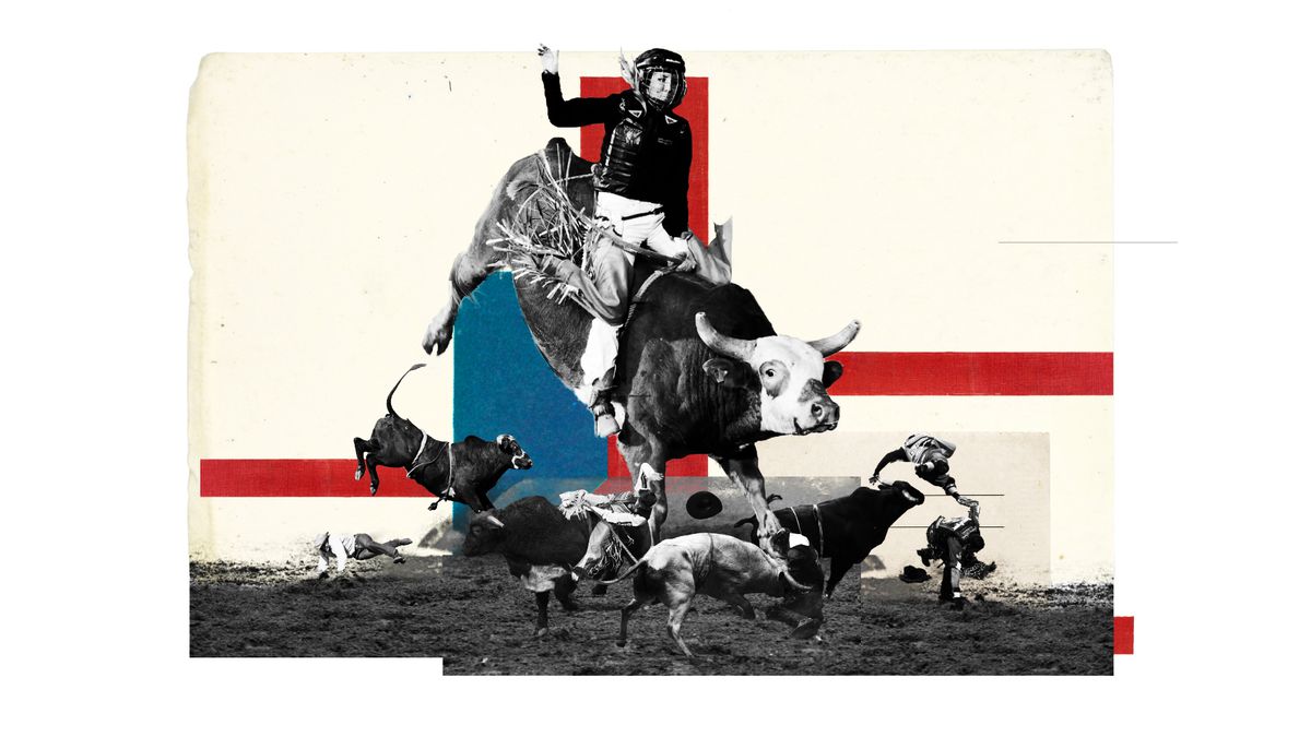 Photo illustration of Maggie Parker riding a bull and other bull riders.