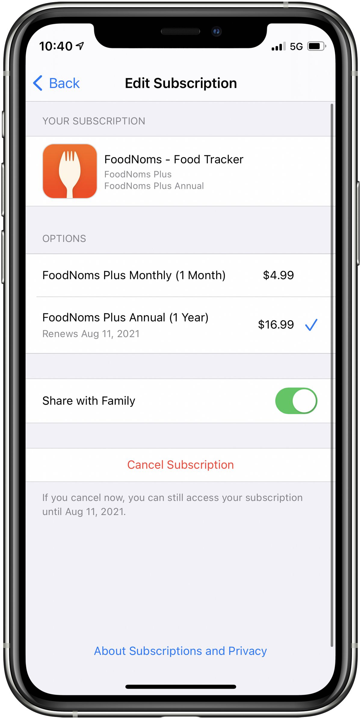 Capture d'écran montrant une page Modifier l'abonnement sur iPhone, avec la nouvelle bascule Partager avec la famille
