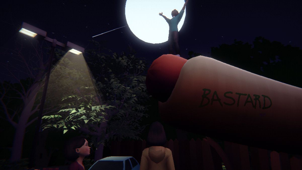 A group of friends hang out in Homebody. One of them has climbed up on a massive hot dog sculpture and is posing with their arms spread, silhouetted by the moon.