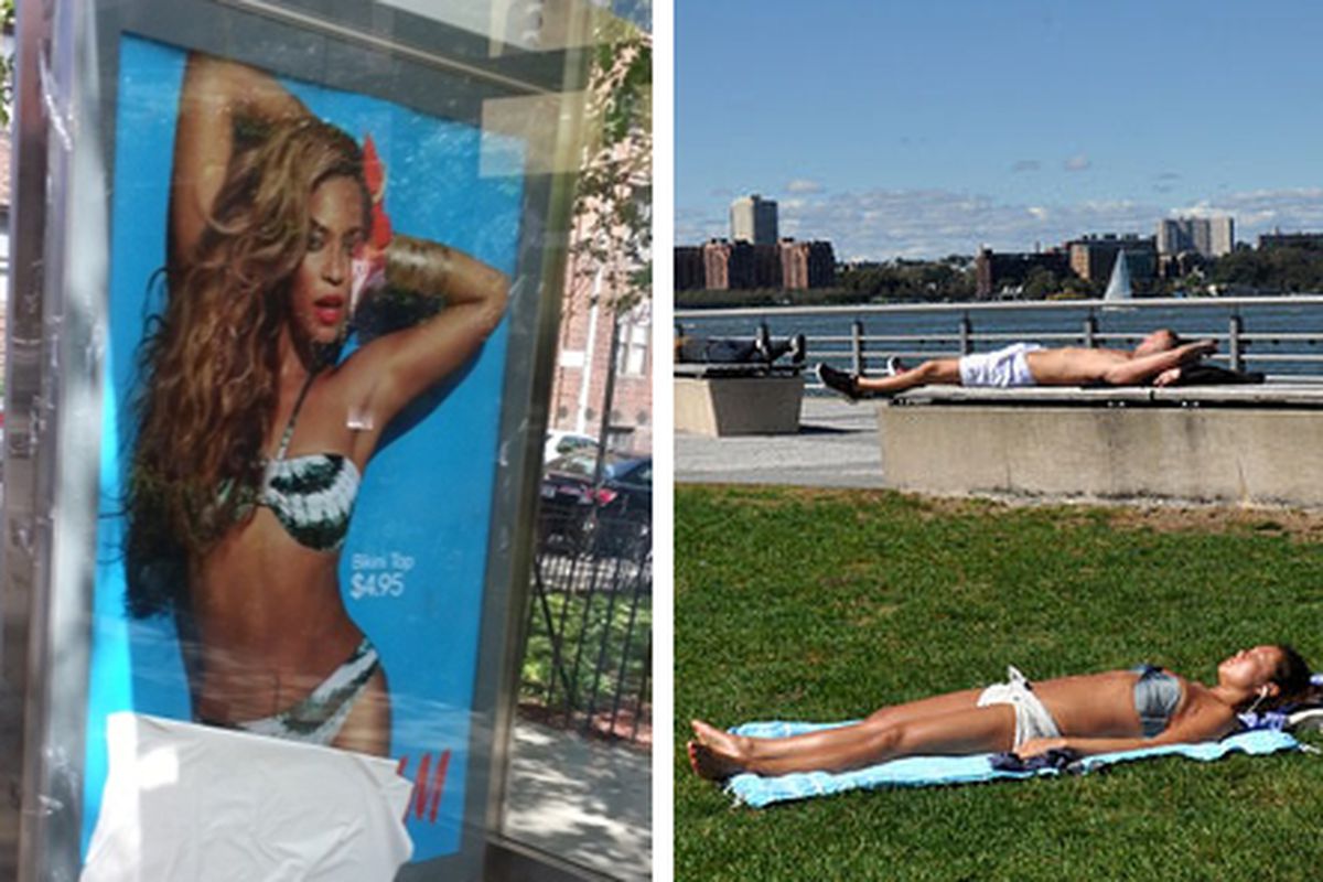 Censored <a href="http://www.boweryboogie.com/2013/05/modesty-war-brewing-over-hm-beyonce-advert-on-grand-street/">Beyonce</a> via Bowery Boogie; Offensive sunbathers via <a href="http://www.flickr.com/photos/greenelent/8029599798/">greenelet</a>/Fl