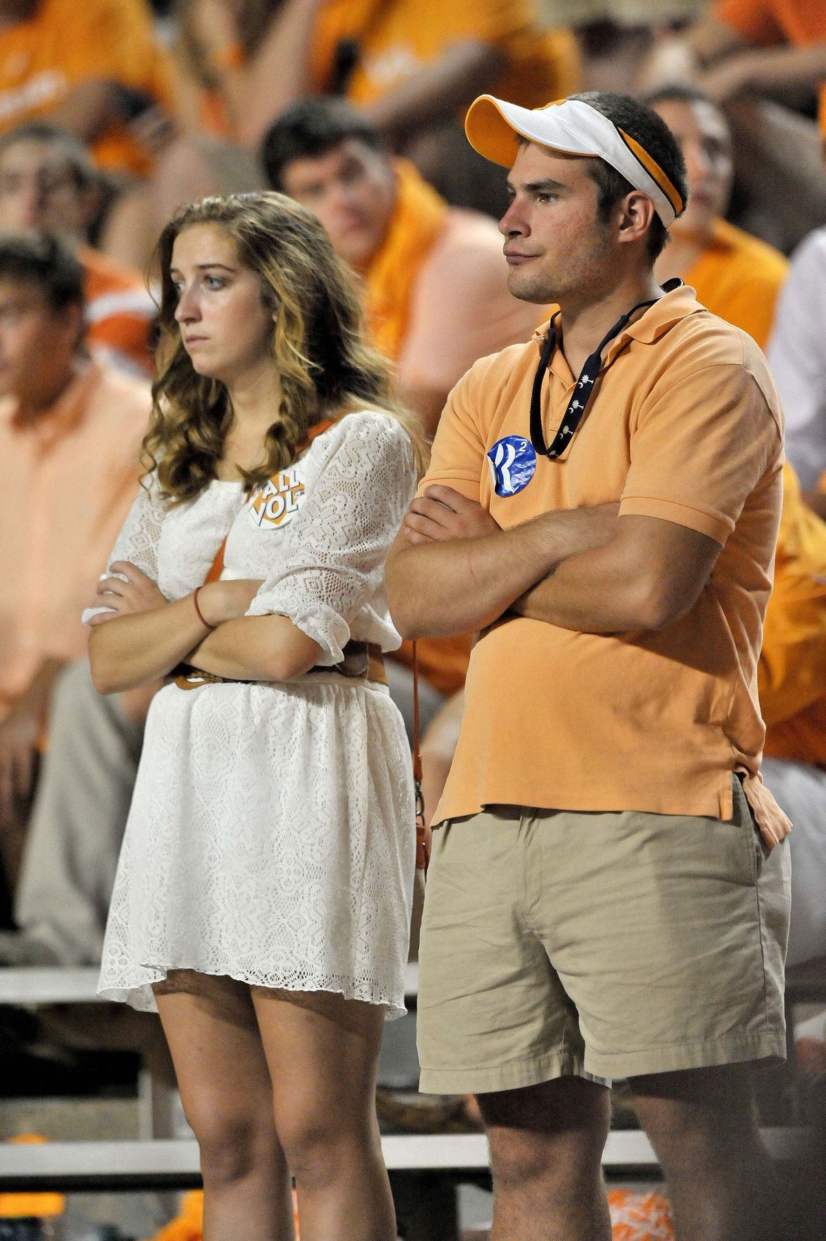 Sep 15, 2012; Knoxville, TN, USA; Tennessee Volunteers fans react to their teams loosing to the Florida Gators during the second half at Neyland Stadium. Florida defeated Tennessee 37-20. Mandatory Credit: Jim Brown-US PRESSWIRE