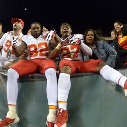 Kansas City Chiefs receiver Dwayne Bowe (82) and cornerback Sean Smith (27) celebrate with Chiefs fans after the game against the Philadelphia Eagles at Lincoln Financial Field. 