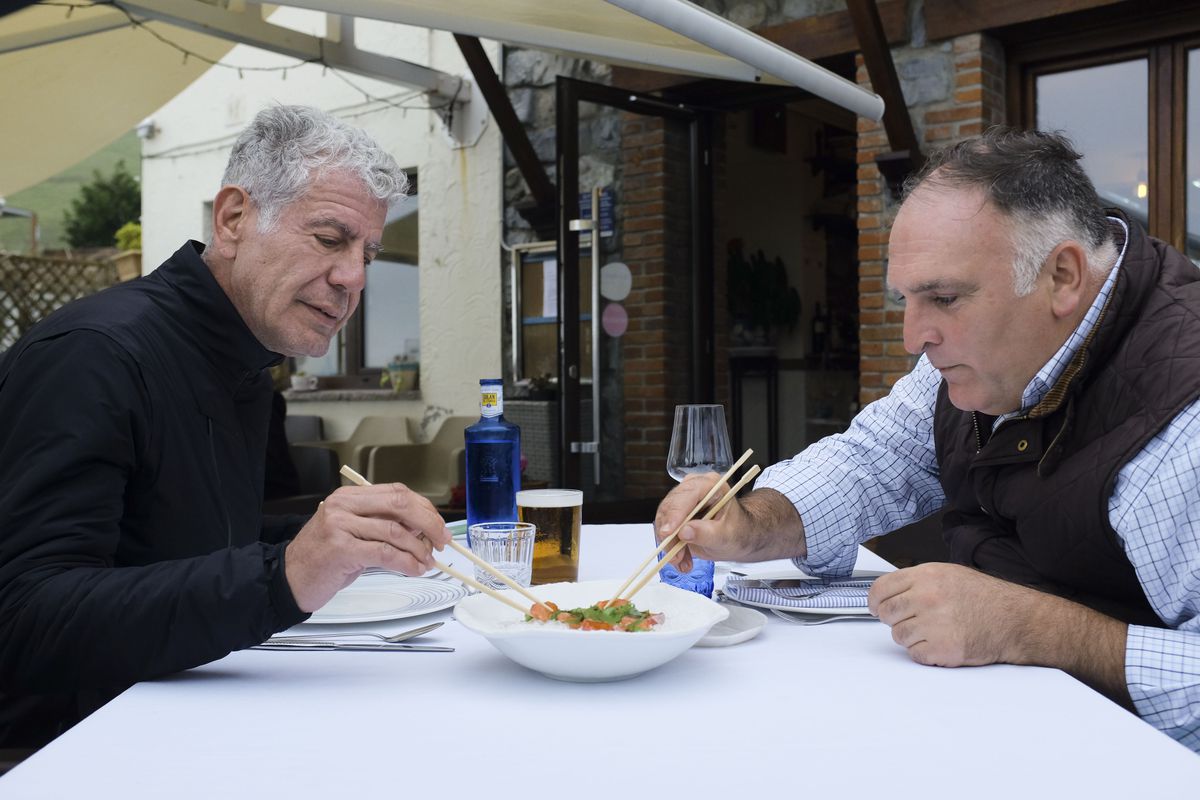 Anthony Bourdain and Jose Andres dining in Asturias, Spain.