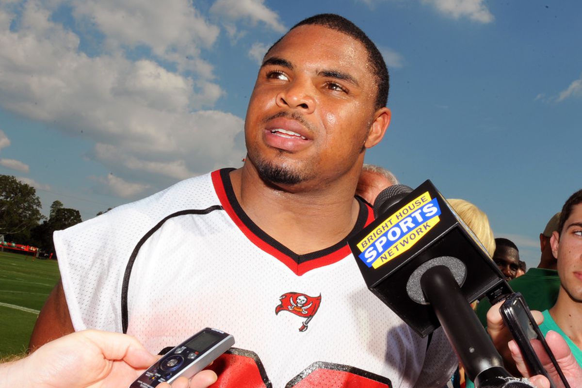 TAMPA, FL -  MAY 4: Running back Doug Martin #22 of the Tampa Bay Buccaneers talks to the media after a rookie practice at the Buccaneers practice facility May 4, 2012 in Tampa, Florida. (Photo by Al Messerschmidt/Getty Images)