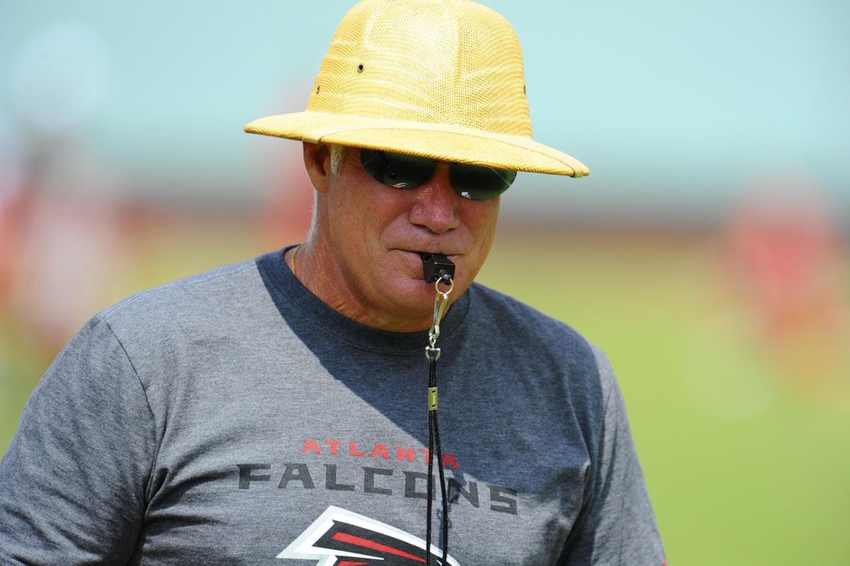 June 6, 2012; Flowery Branch, GA, USA; Atlanta Falcons head coach Mike Smith blows his whistle on the field during organized team activities at the Falcons training facility. Mandatory Credit: Dale Zanine-US PRESSWIRE