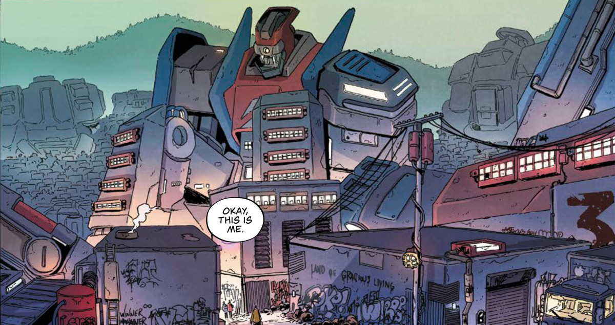 “Okay, this is me,” says a character. Their apartment is a massive mech robot in seated position, in Giga #1, Vault Comics.