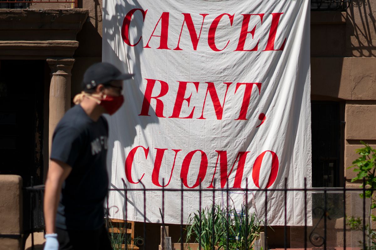 A bedsheet hung in Crown Heights, Brooklyn speaks to tough economic times during the coronavirus outbreak, May 29, 2020.