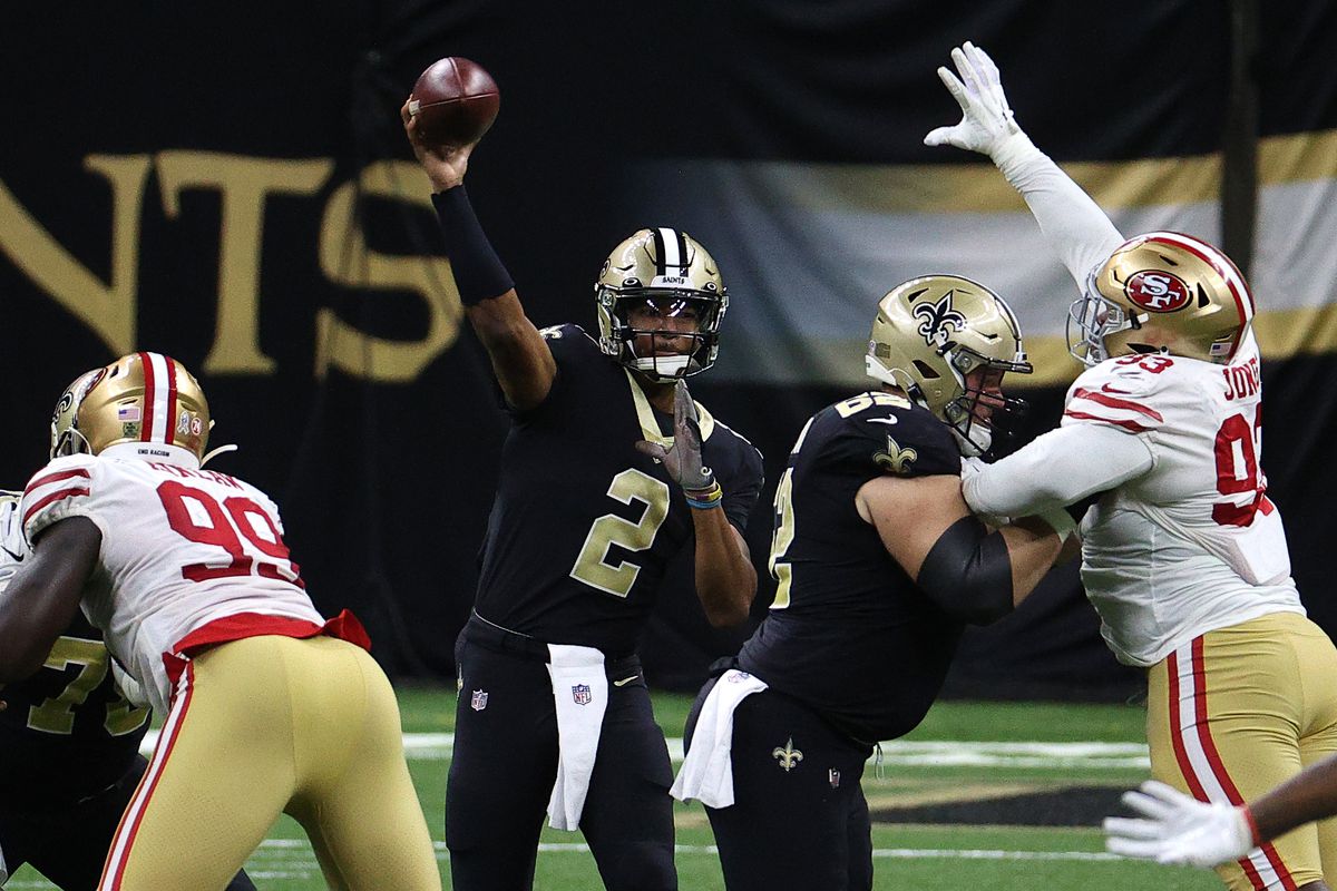 Jameis Winston #2 of the New Orleans Saints attempts a pass during their game against the San Francisco 49ers at Mercedes-Benz Superdome on November 15, 2020 in New Orleans, Louisiana.