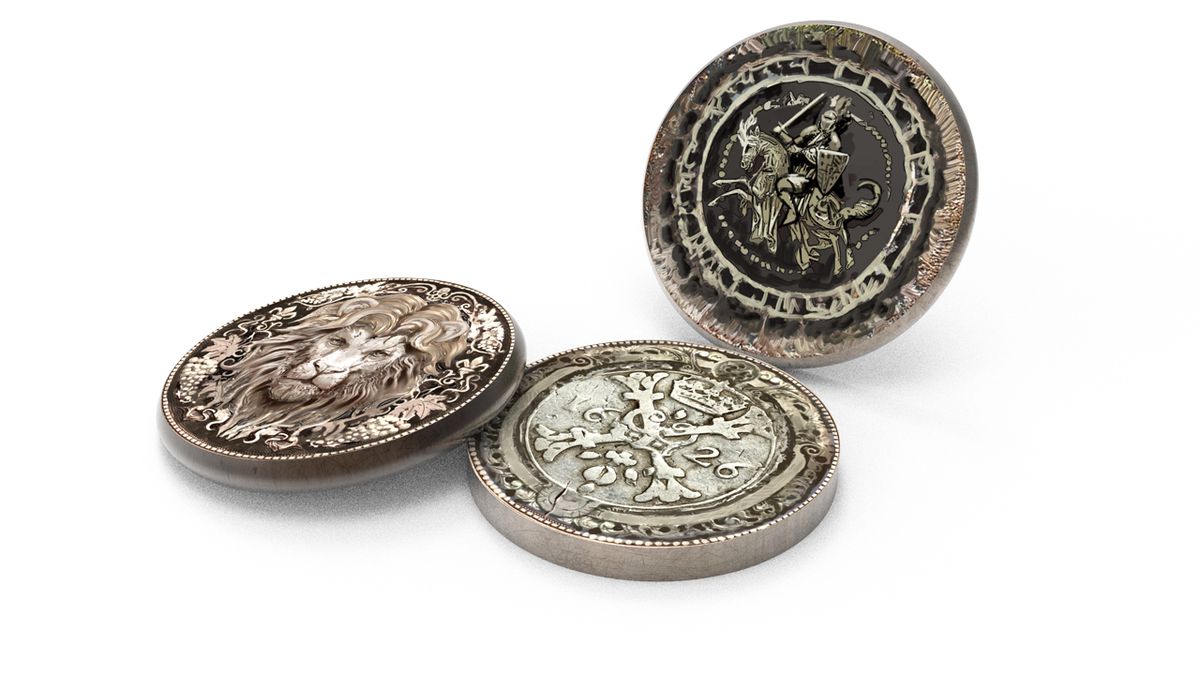 An early render of coins that will come with the final game, Castles of Burgundy: Deluxe Edition