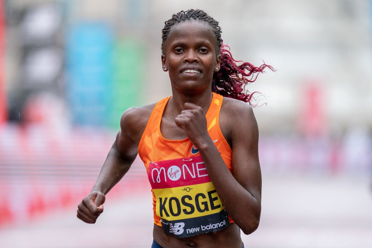 Brigid Kosgei of Kenya competes in the Elite Women’s Field during the 2020 Virgin Money London Marathon around St James on October 04, 2020 in London, England.