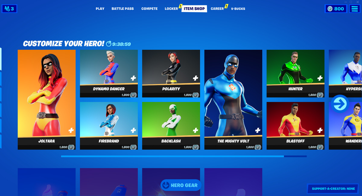 A screenshot of the Fortnite store with its superhero outfit options