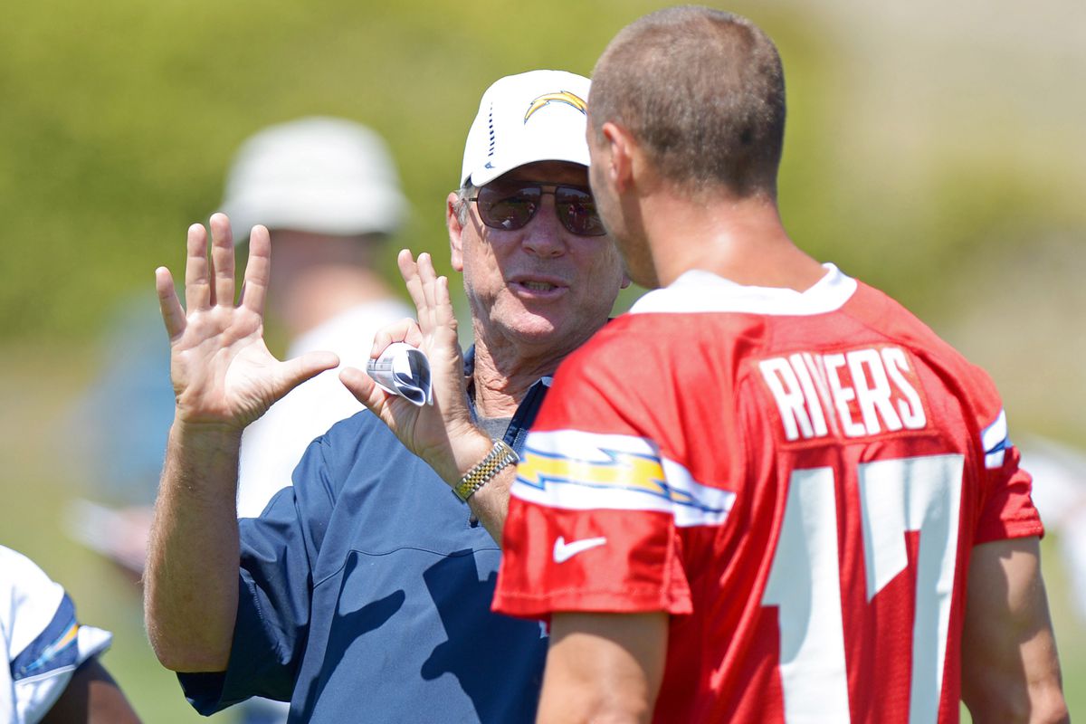 July 24, 2012; San Diego, CA, USA; San Diego Chargers head coach Norv Turner (center) talks with quarterback Philip Rivers (17) during training camp at Charger Park. Mandatory Credit: Jake Roth-US PRESSWIRE
