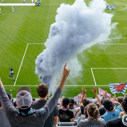 July 3, 2019 - Saint Paul, Minnesota, United States - Smoke billows in the Wonderwall as the start of the gam is about to begin between Minnesota United and San Jose Earthquakes match at Allianz Field.
