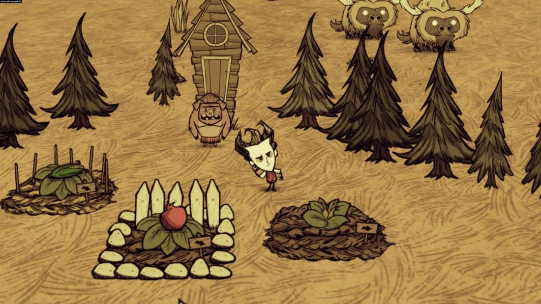 The player character standing in the middle of a base camp in Don’t Starve. There are a few farm plots, and a pig stepping out of a house.