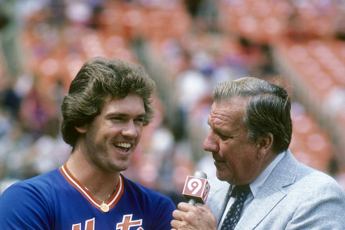 Ralph Kiner interviews a member of the New York Mets in the late 1980s.