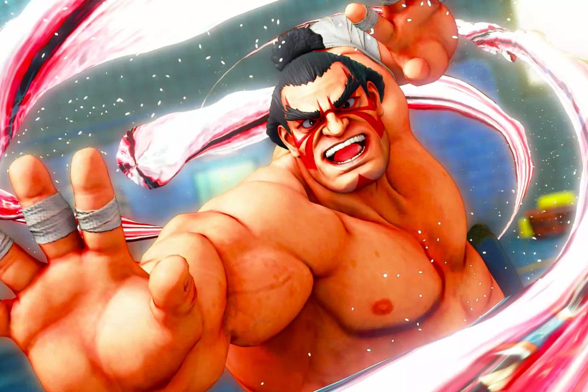 Sumo wrestler E. Honda strikes a winning pose in a screenshot from Street Fighter 5