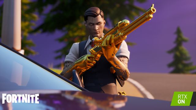 A Fortnite character loads a weapon with RTX ray tracing turned on 