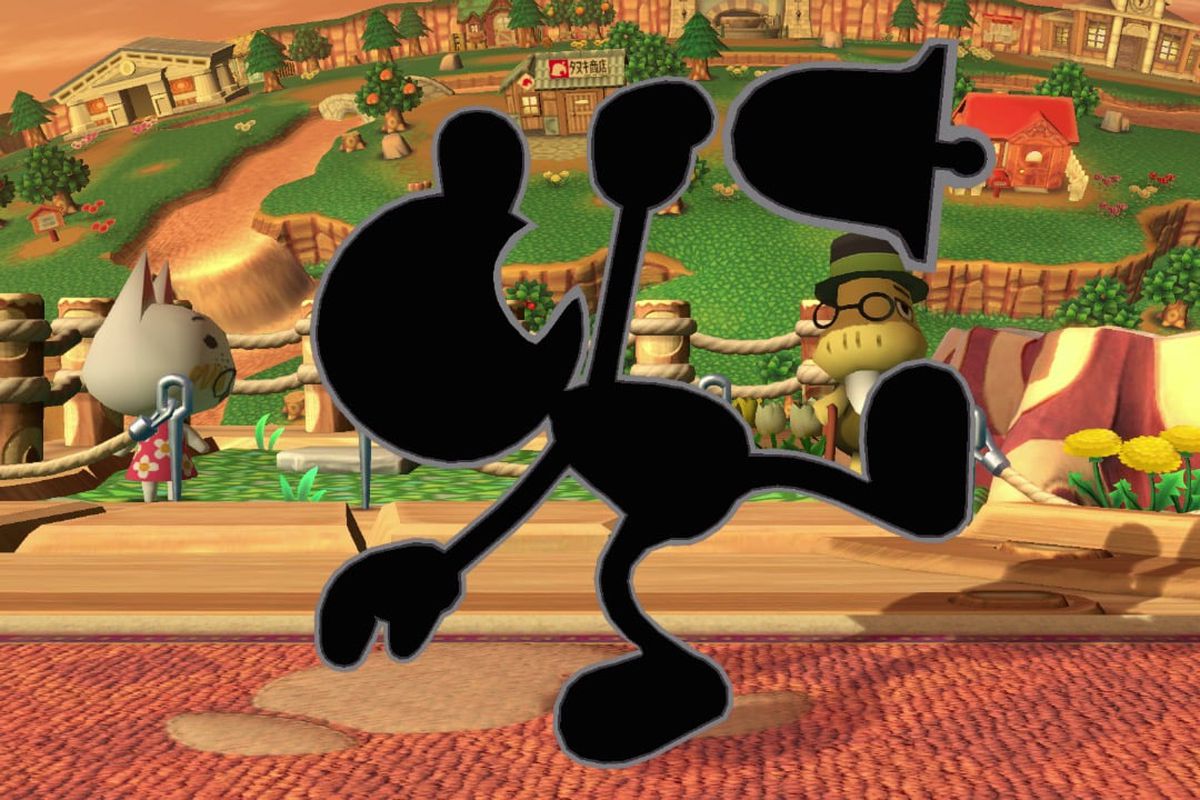 Mr. Game &amp; Watch holding a bell in a screenshot from Super Smash Bros. Ultimate