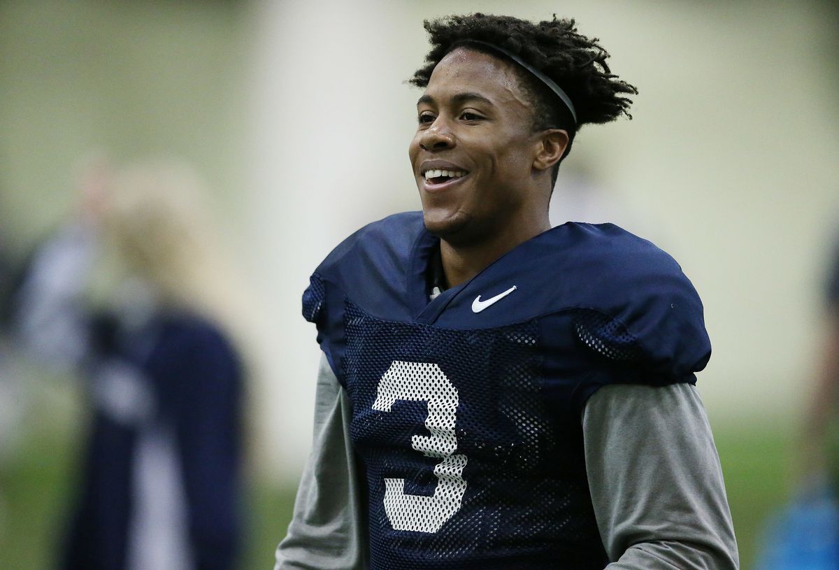 BYU wide receiver Jonah Trinnaman laughs during BYU football alumni day practice in Provo on Friday, March 31, 2017. BYU coaches have been impressed with Trinnaman returning kicks during fall camp and he may factor into the mix this season.