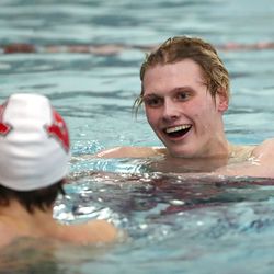 Bingham’s Tanner Nelson celebrates his win the the 500-yard freestyle in the 6A boys swim championship at Kearns Oquirrh Park Fitness Center in Kearns on Saturday, Feb. 20, 2021.
